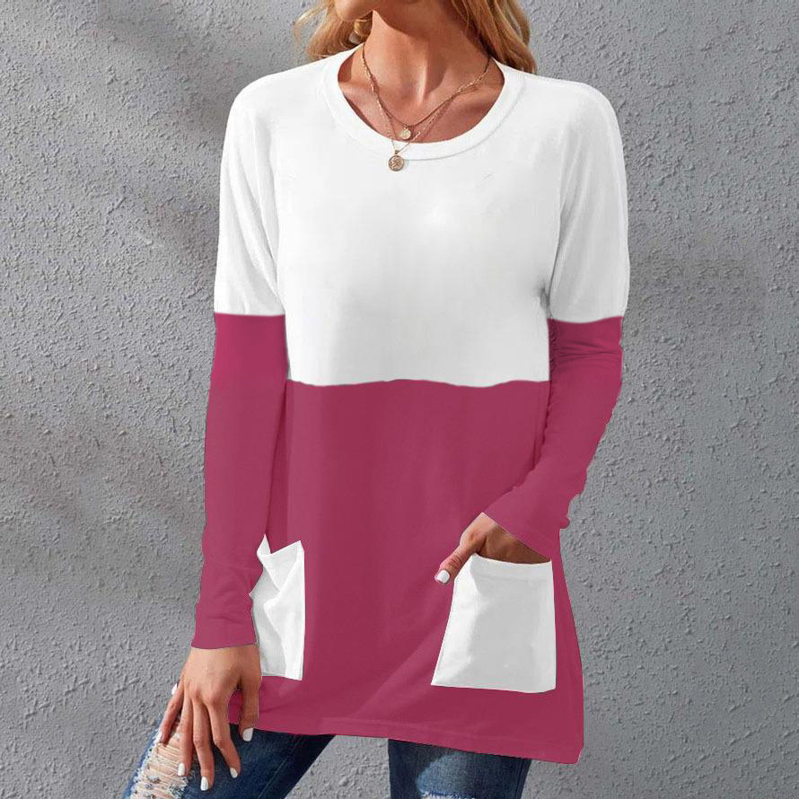 Women's Crewneck Long Sleeve Patchwork Pocket T-Shirt