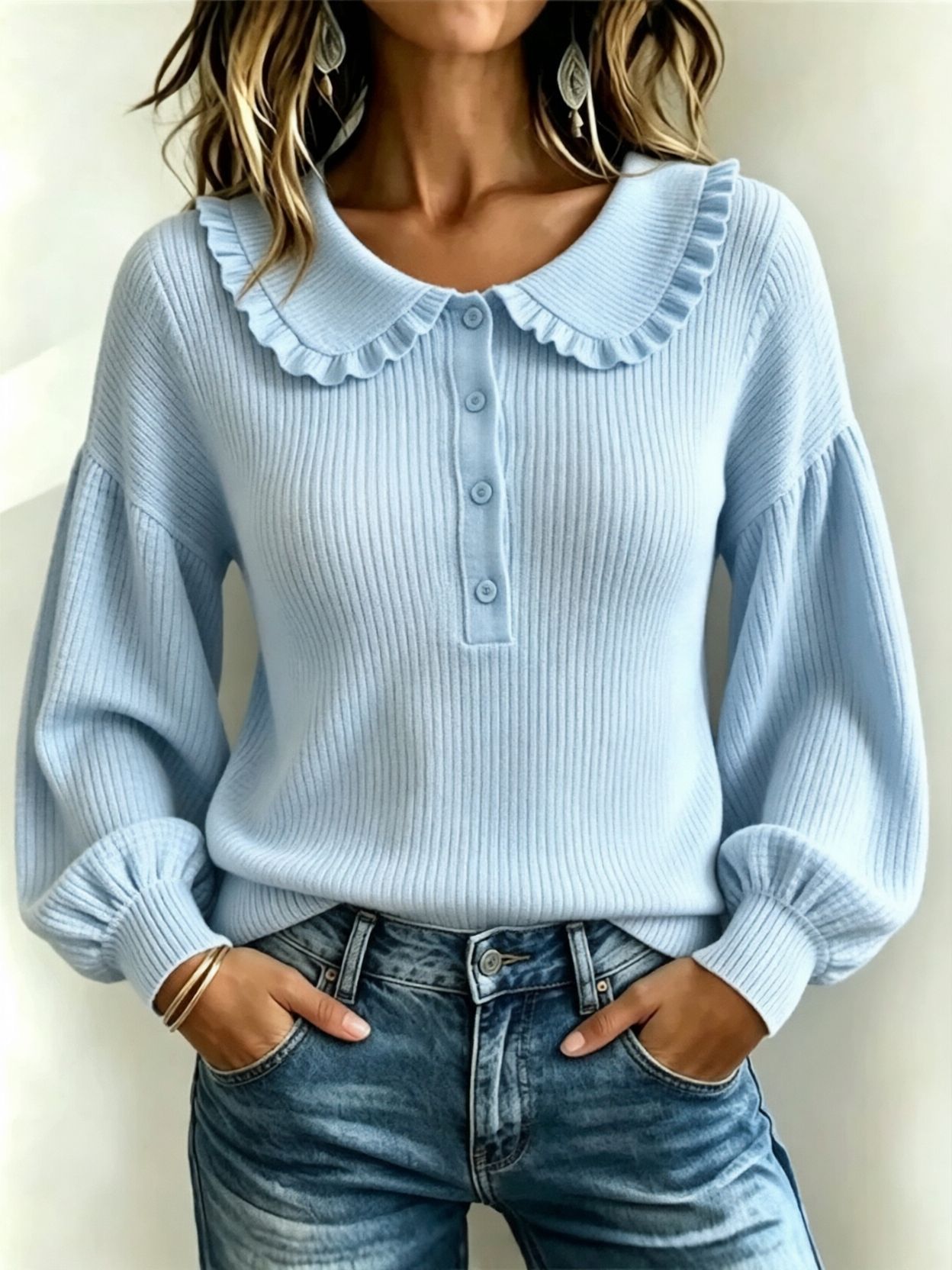 Women's Ribbed Knit Ruffle Button Crewneck Long Sleeve Pullover Sweater