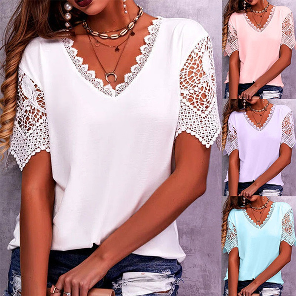 Women's Lace Trim V-Neck Short Sleeve Loose T-Shirt