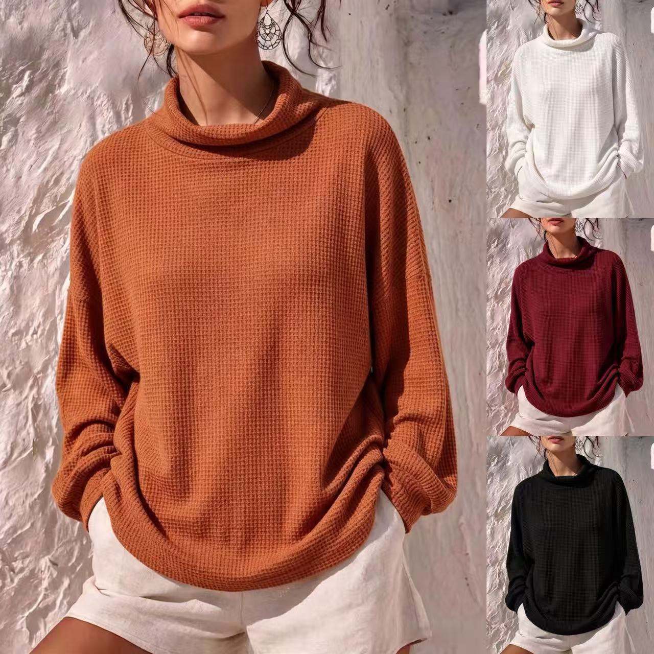 Waffle Knit Loose Long Sleeve Stand Collar Casual Top