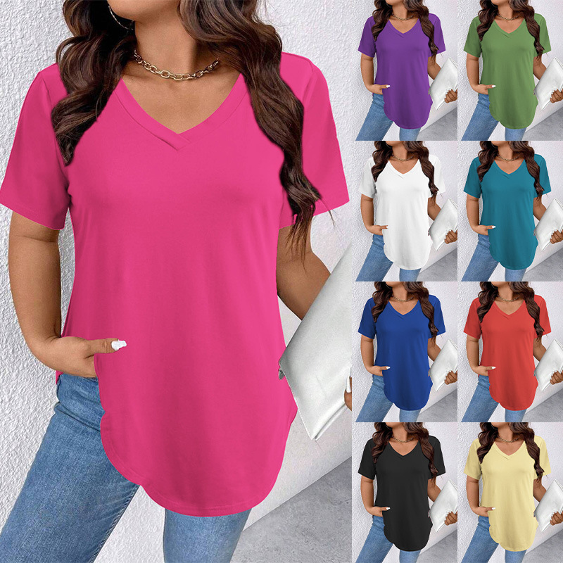 Women's Summer Solid V-Neck Short Sleeve Knit T-Shirt Loose Plus Size