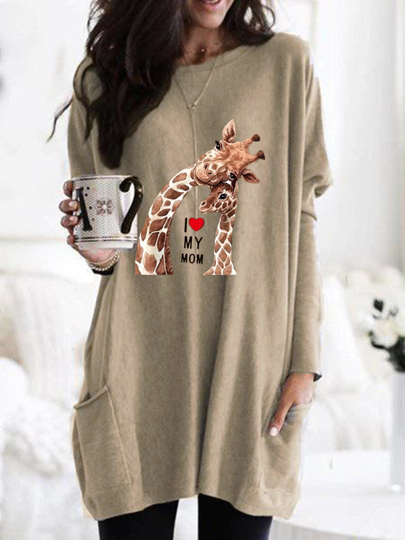 Women's Giraffe Print Long Sleeve Crew Neck Loose T-Shirt