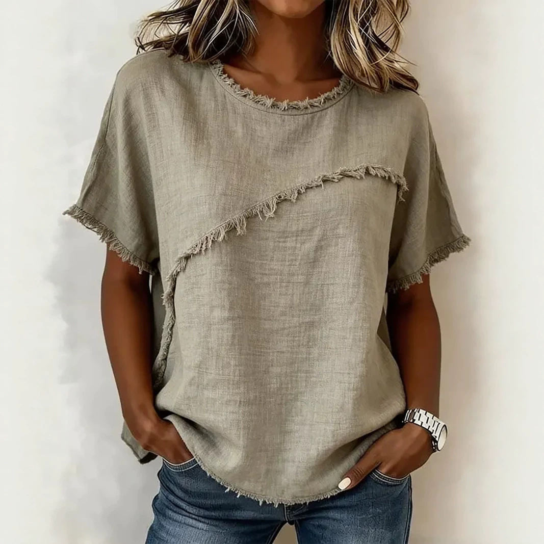 Women's Round Neck Loose Short Sleeve Paneled Top