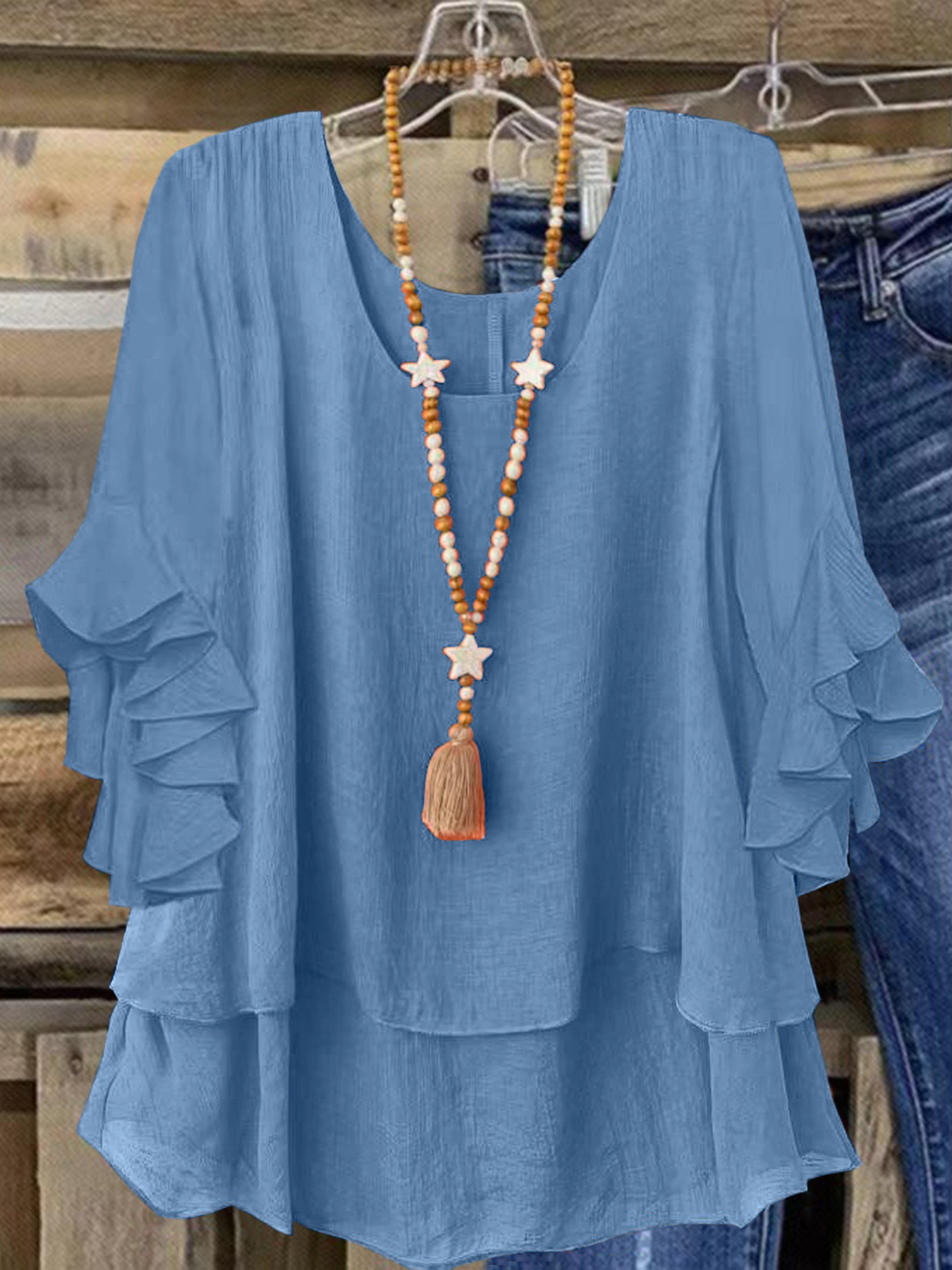 Women's Round Neck Flared Sleeve Loose Fit Casual Top