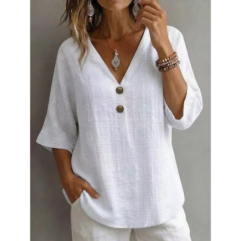Women's Cotton-Blend French V-Neck Button-Trim 3/4-Sleeve Loose Top