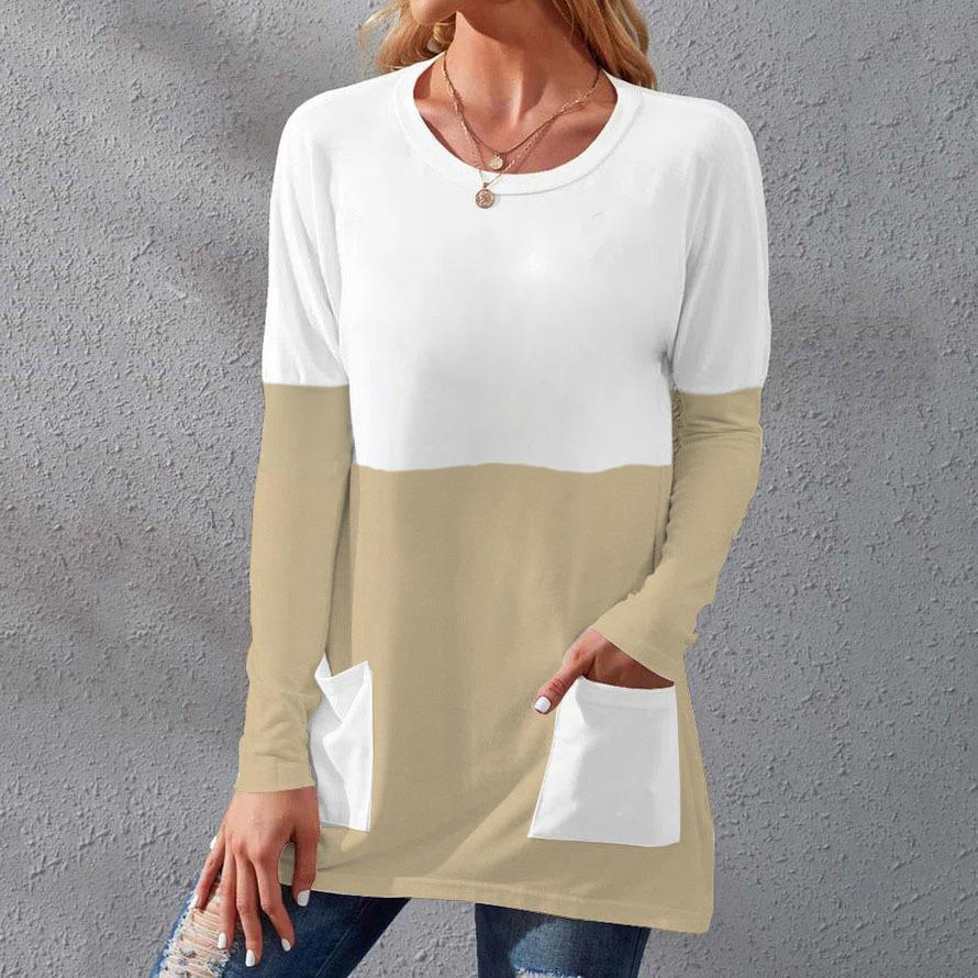 Women's Crewneck Long Sleeve Patchwork Pocket T-Shirt