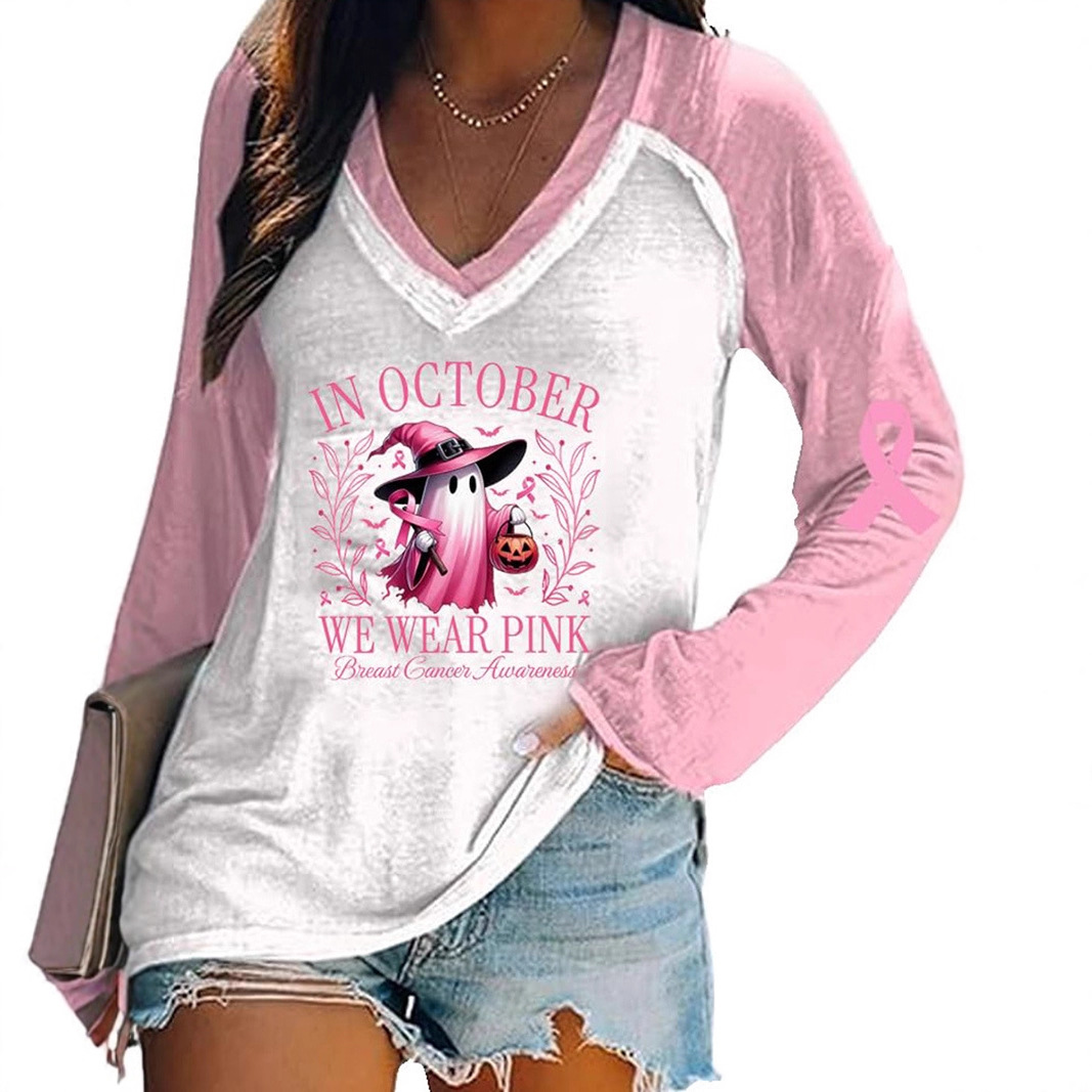 Women's V-Neck Long-Sleeve Halloween Pumpkin Ghost Ribbon Print T-Shirt