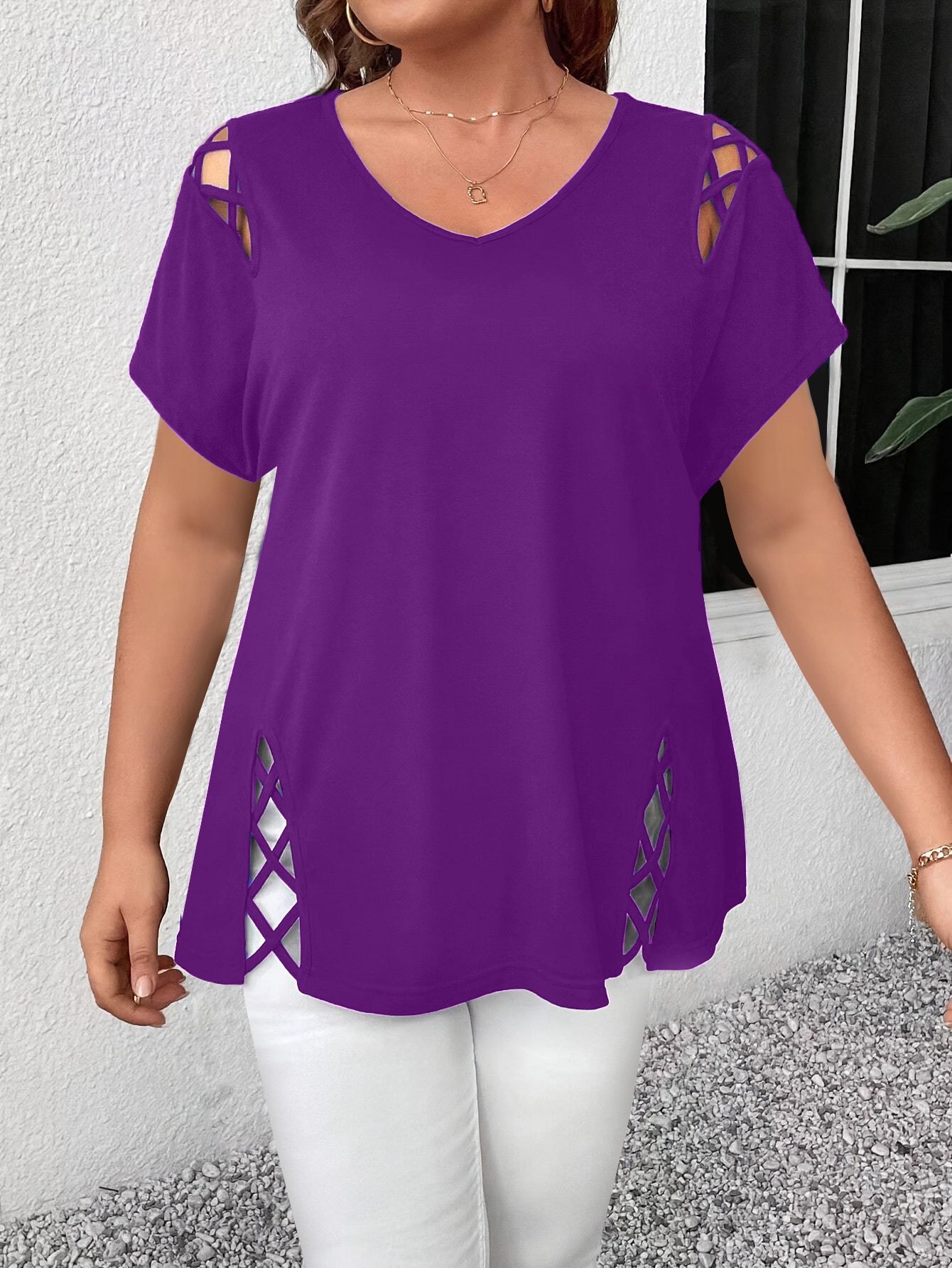 Women's Solid Short Sleeve Cross-Strap Detail T-Shirt
