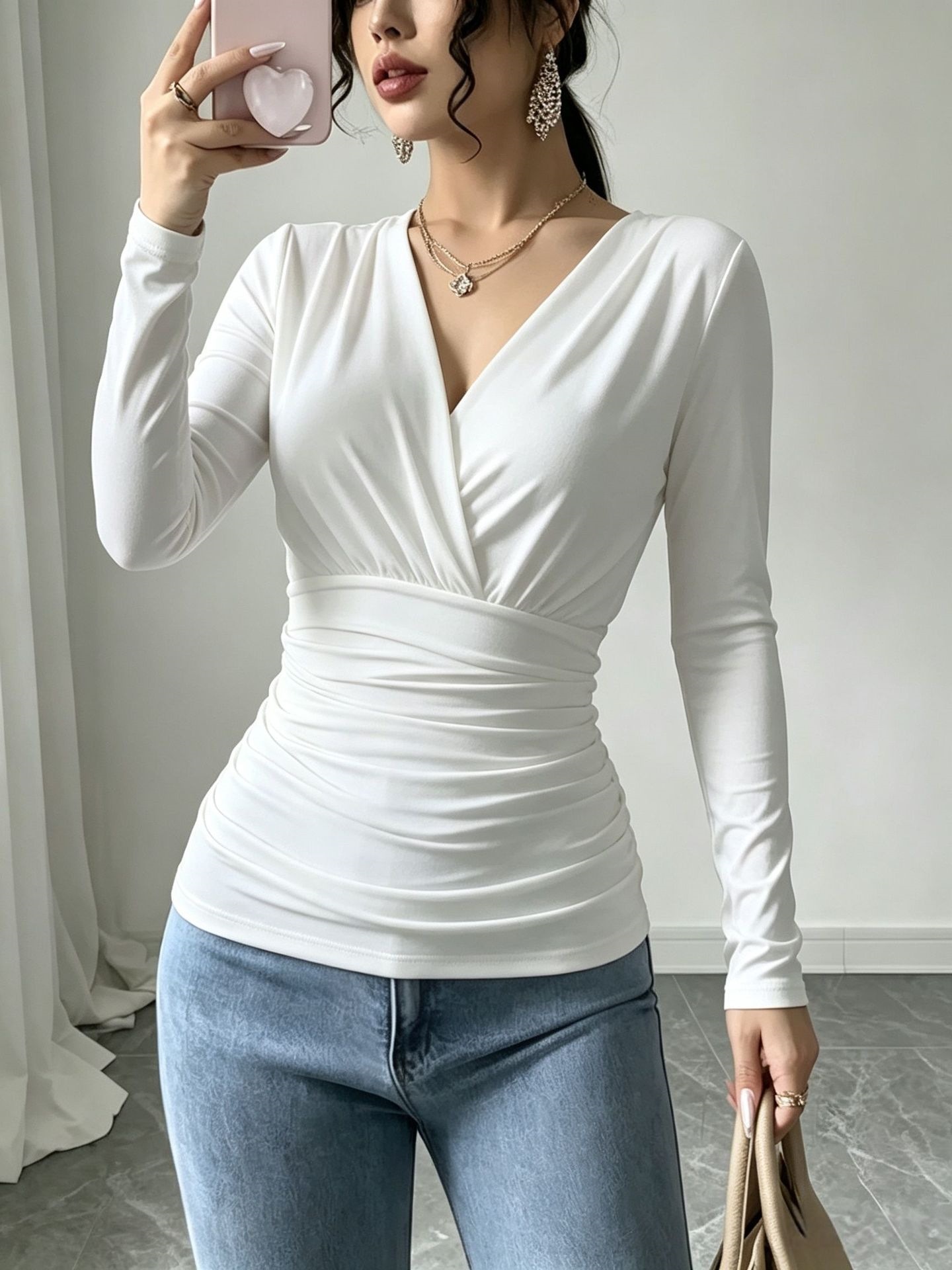 Women's French Cross V-Neck Ruched Waist Slimming Long Sleeve T-Shirt