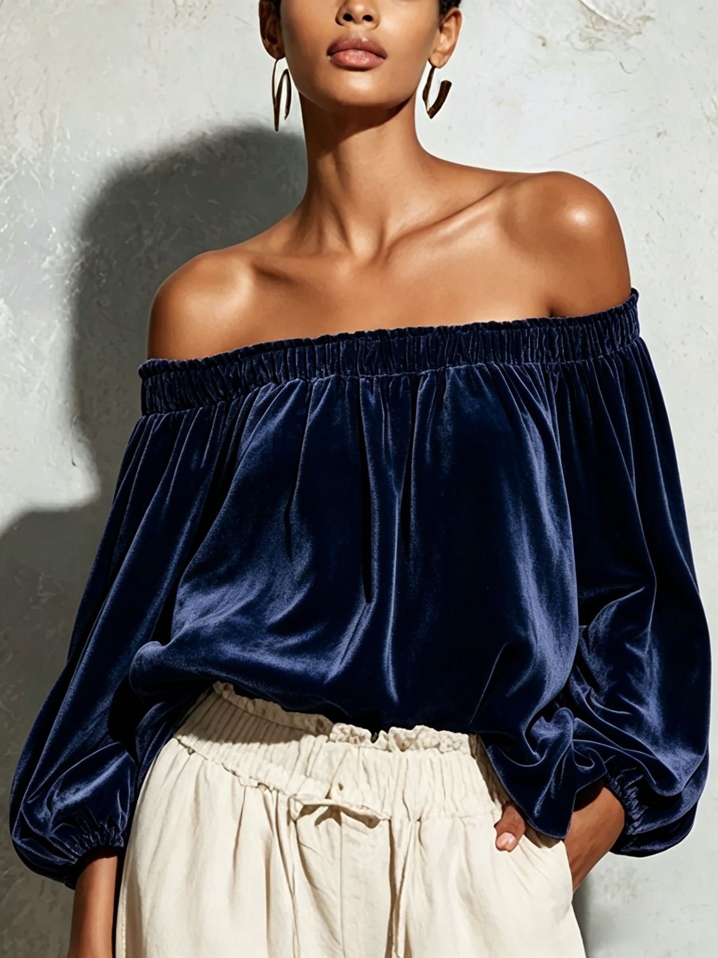 Velvet Off-Shoulder Top with Lantern Sleeves