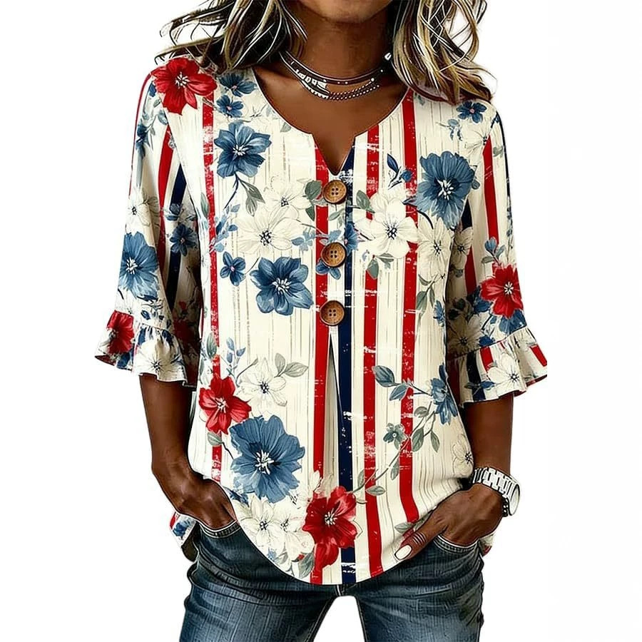 Women's American Floral Flag Print V-Neck Half-Sleeve T-Shirt