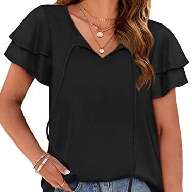 V-Neck Double-Layer Sleeve Tie-Front Casual Women's T-Shirt