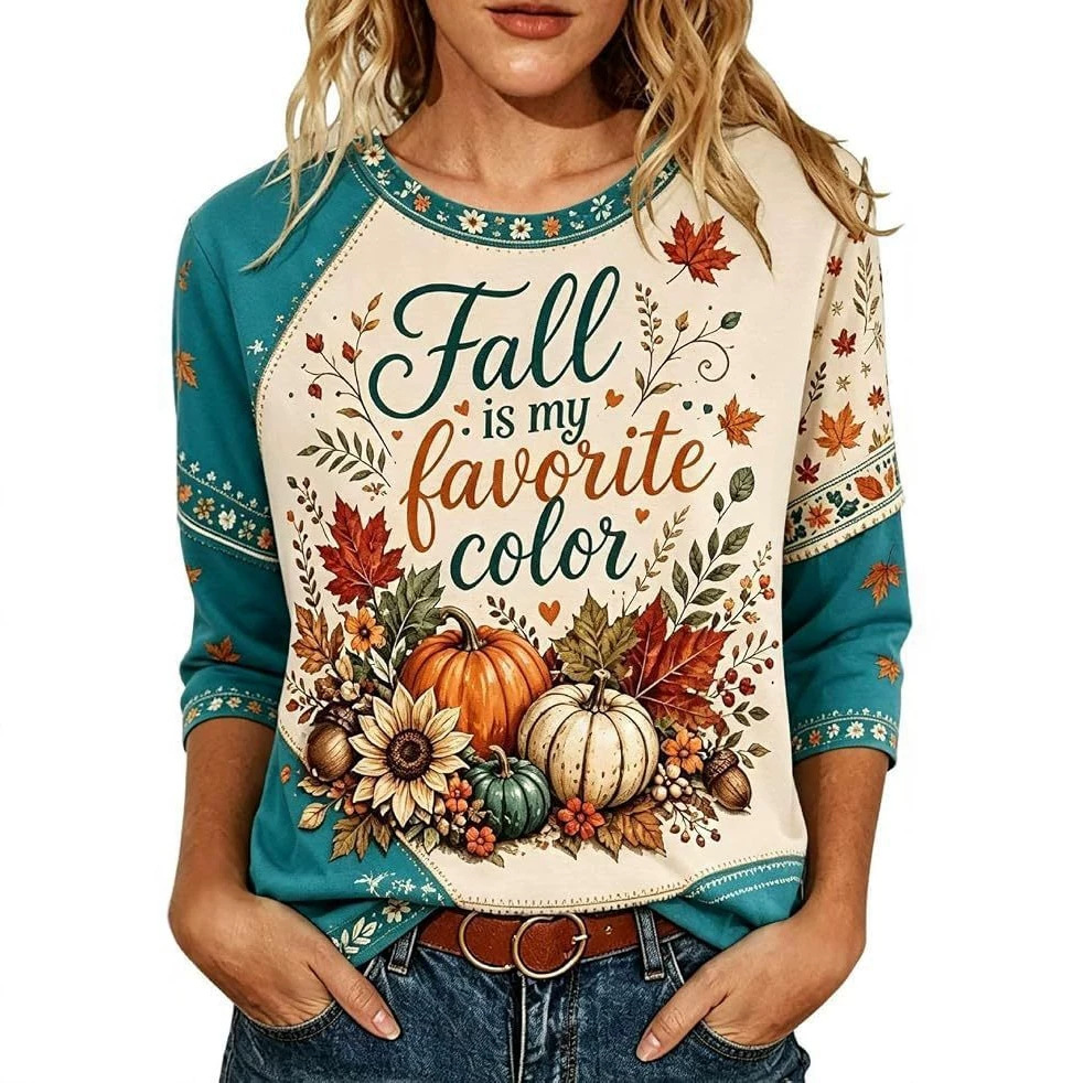 Pumpkin Floral Maple Leaf Letter Print Long Sleeve Women's Top