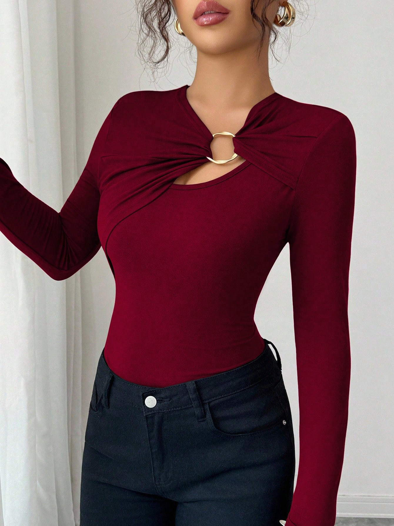 Asymmetric Cutout Metal-Trim Slim-Fit Women's Top