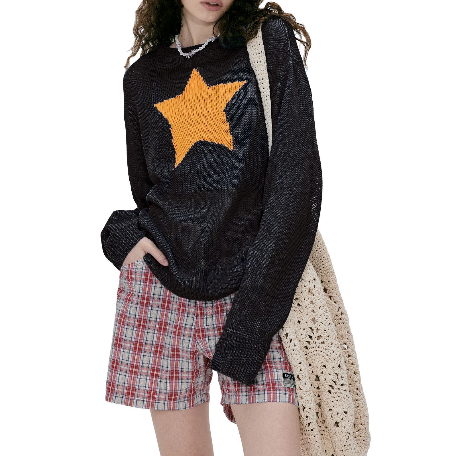 Sheer Star Cutout Knit Top Long Sleeve Crew Neck