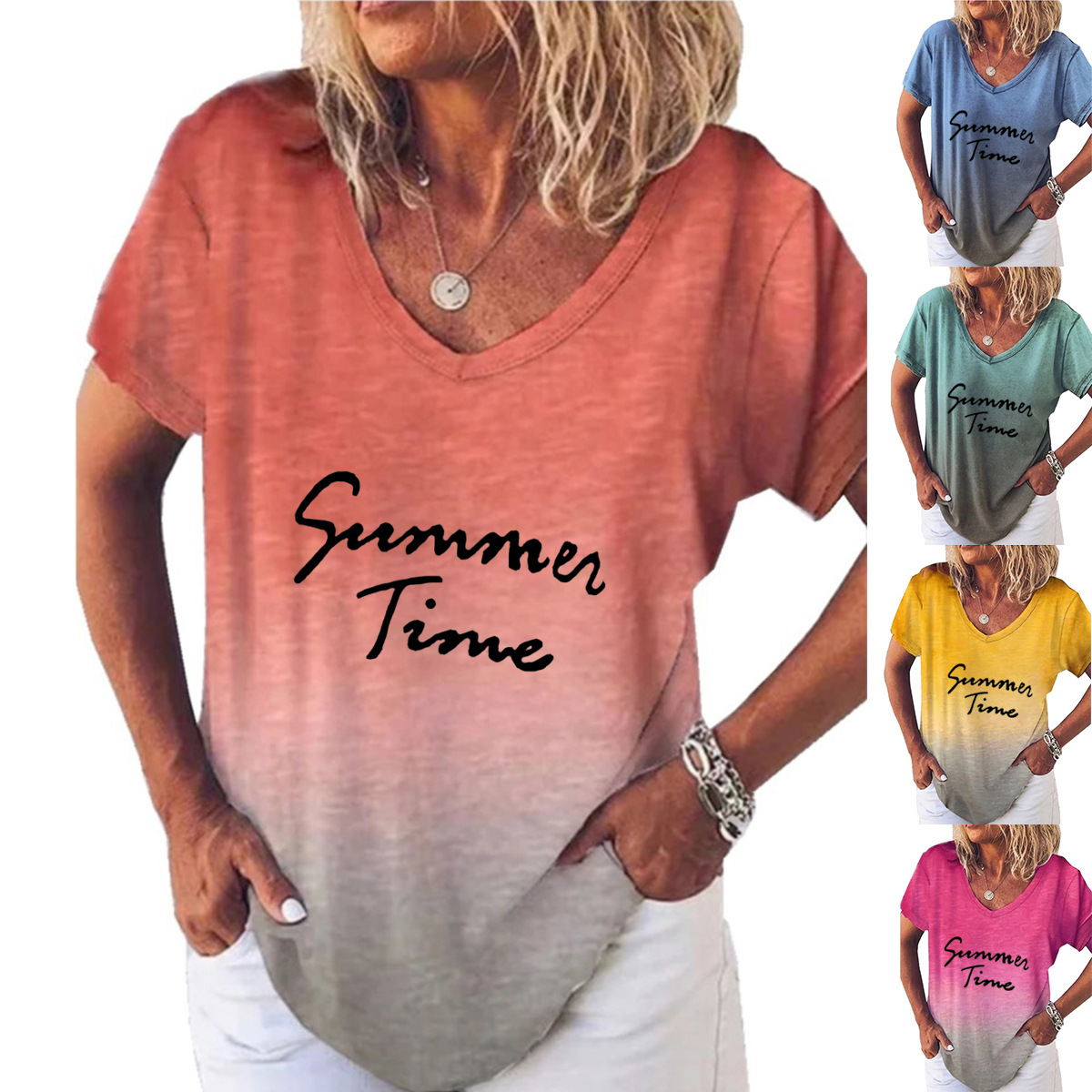 Gradient Print V-Neck Short Sleeve T-Shirt