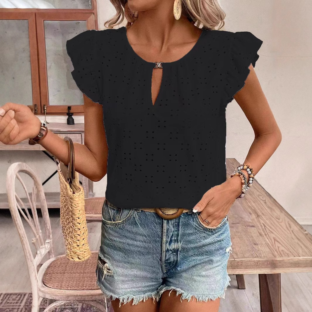 Jacquard V-Neck Ruffle Sleeve Short Sleeve T-Shirt