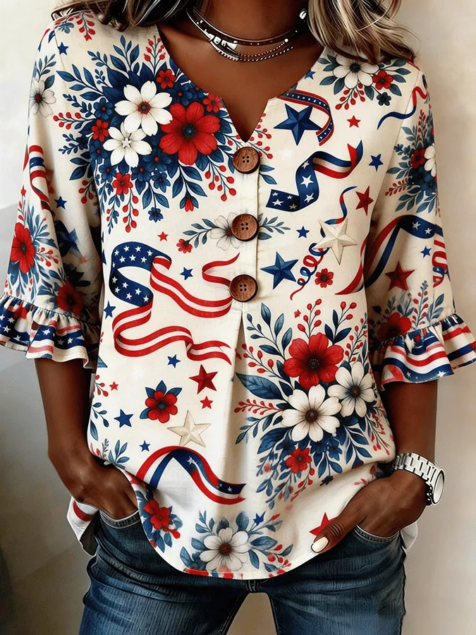 Women's Summer Floral Print Short Sleeve Button-Up Top