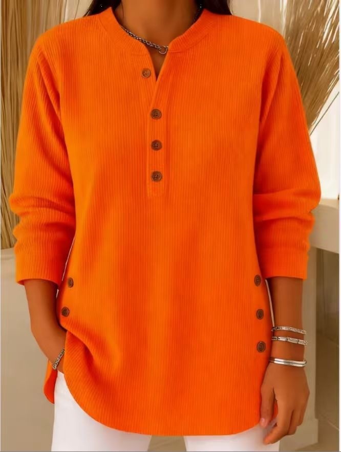 Corduroy V-Neck Button Long-Sleeve Loose Casual Top