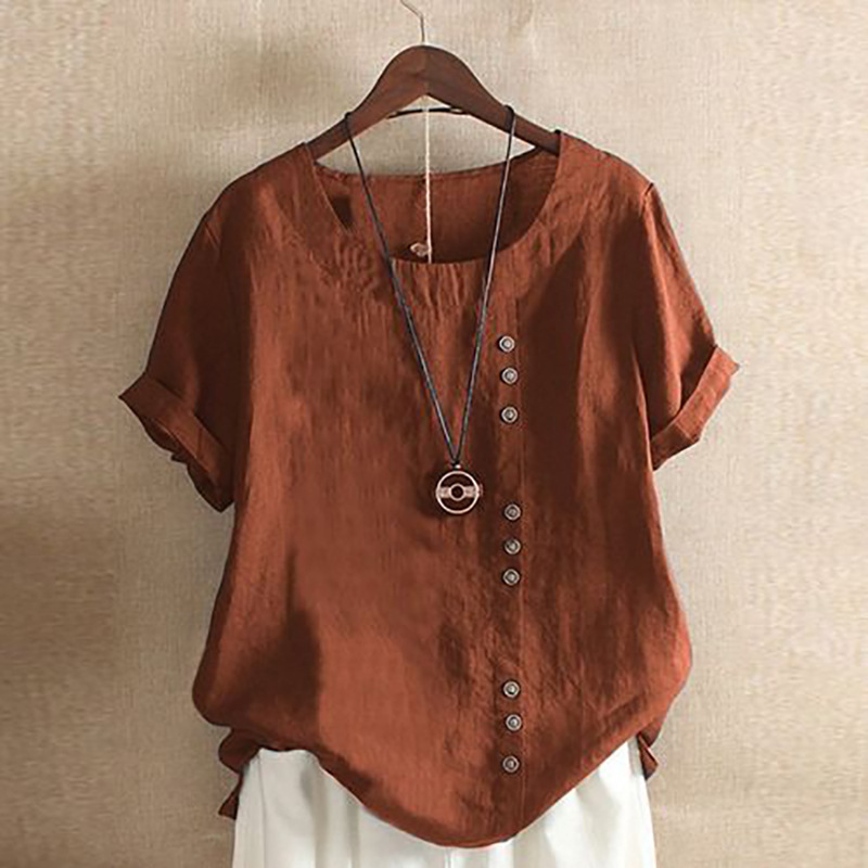 Women's Summer Loose Button Round Neck T-Shirt