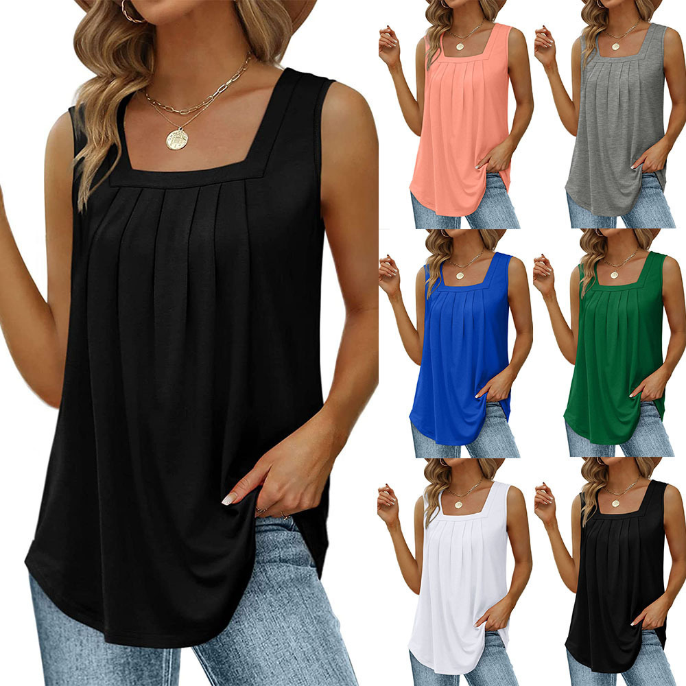 Women's Sleeveless Square Neck Ruched Pleated Top