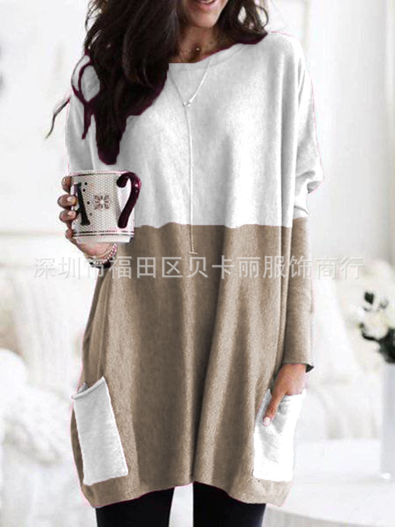 Women's Crewneck Long Sleeve Patchwork Pocket T-Shirt