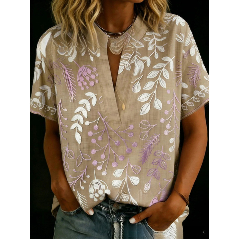Floral Leaf Print Short Sleeve Button-Up Top