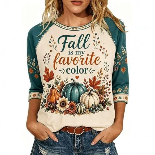 Pumpkin Floral Maple Leaf Letter Print Long Sleeve Women's Top