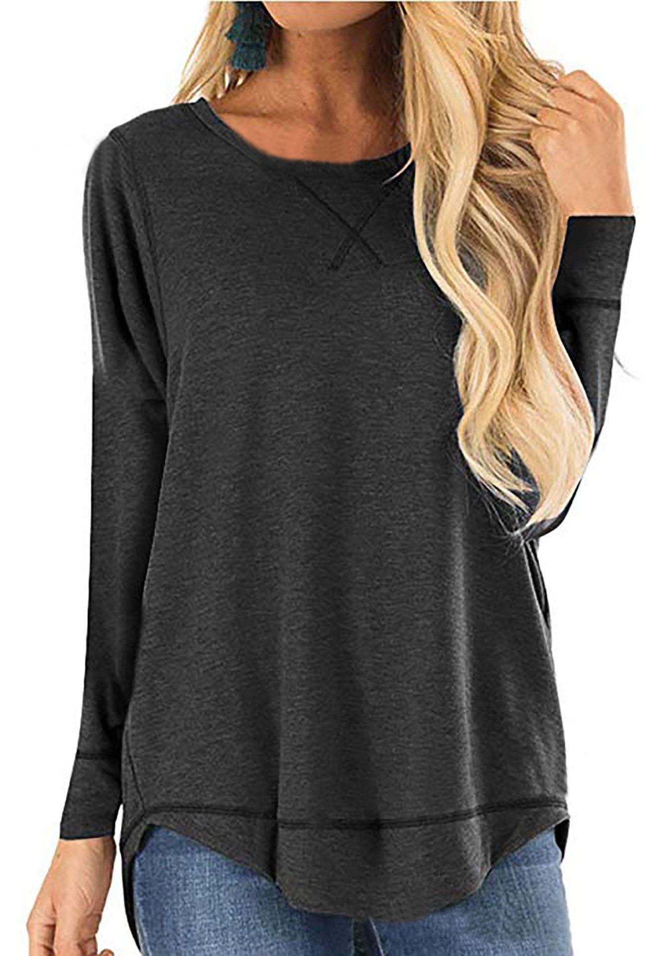 Women's Crewneck Long Sleeve T-Shirt Solid Loose High-Low Hem Casual Top