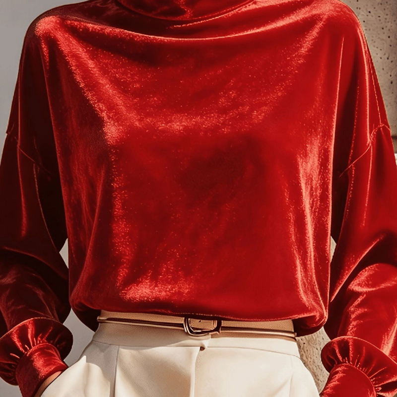 Velvet Mock Neck Long Sleeve Loose Fit Top