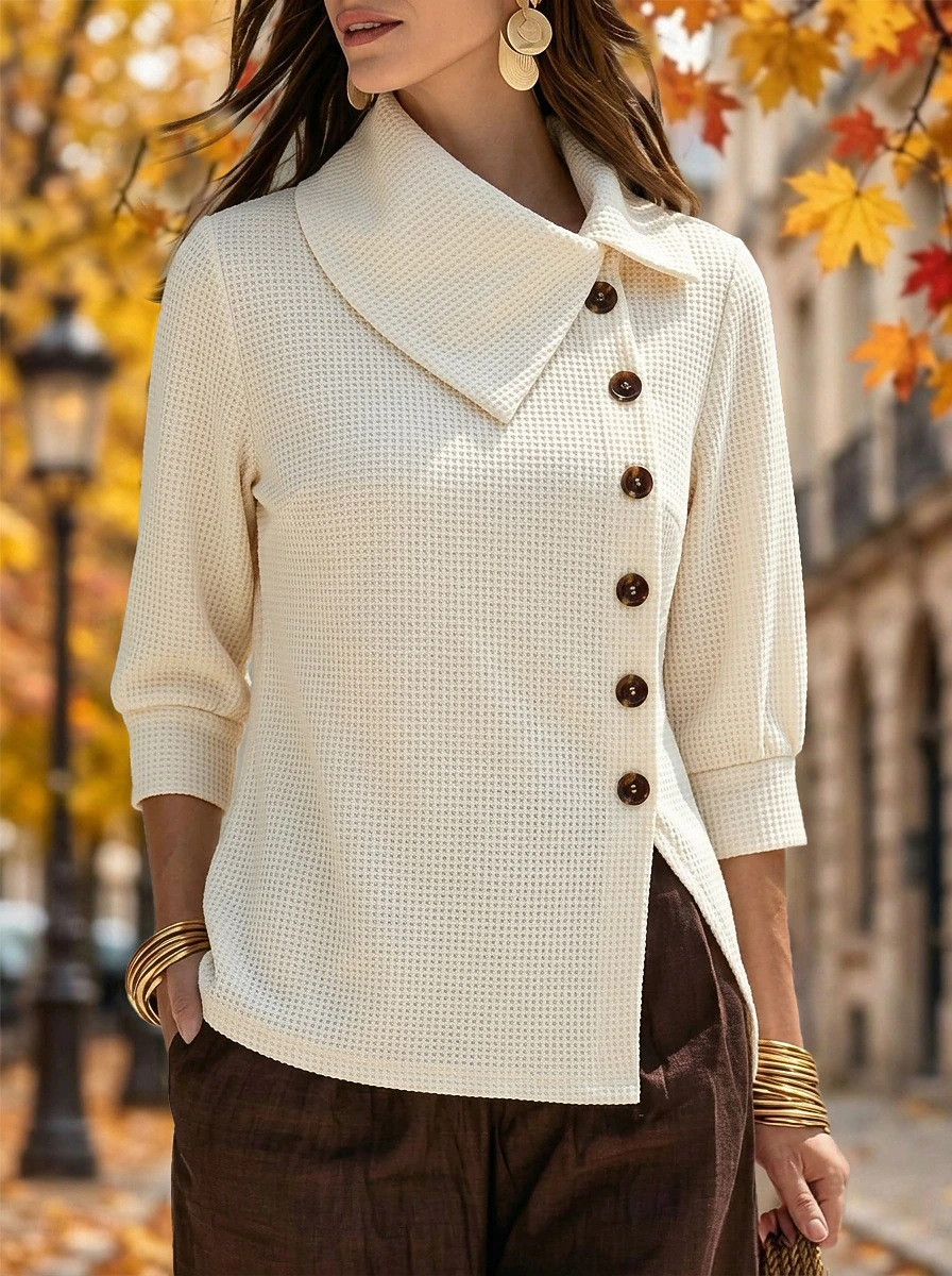 Waffle Knit Collared Asymmetric Button 3/4 Sleeve Loose Women's Top