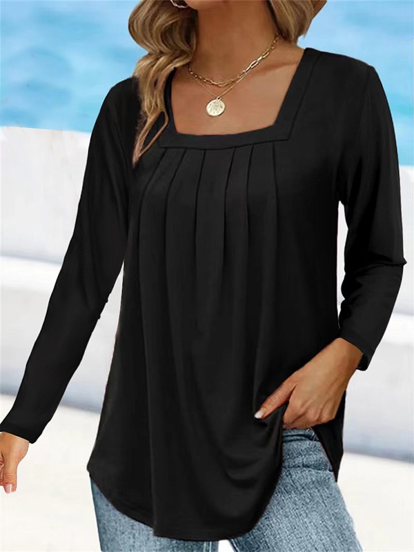 Women's Ruched Square Neck Long Sleeve Cotton-Blend T-Shirt