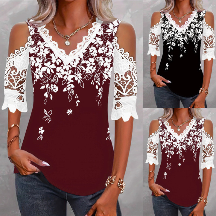 Elegant Lace Off-Shoulder Floral Print Short-Sleeve T-Shirt
