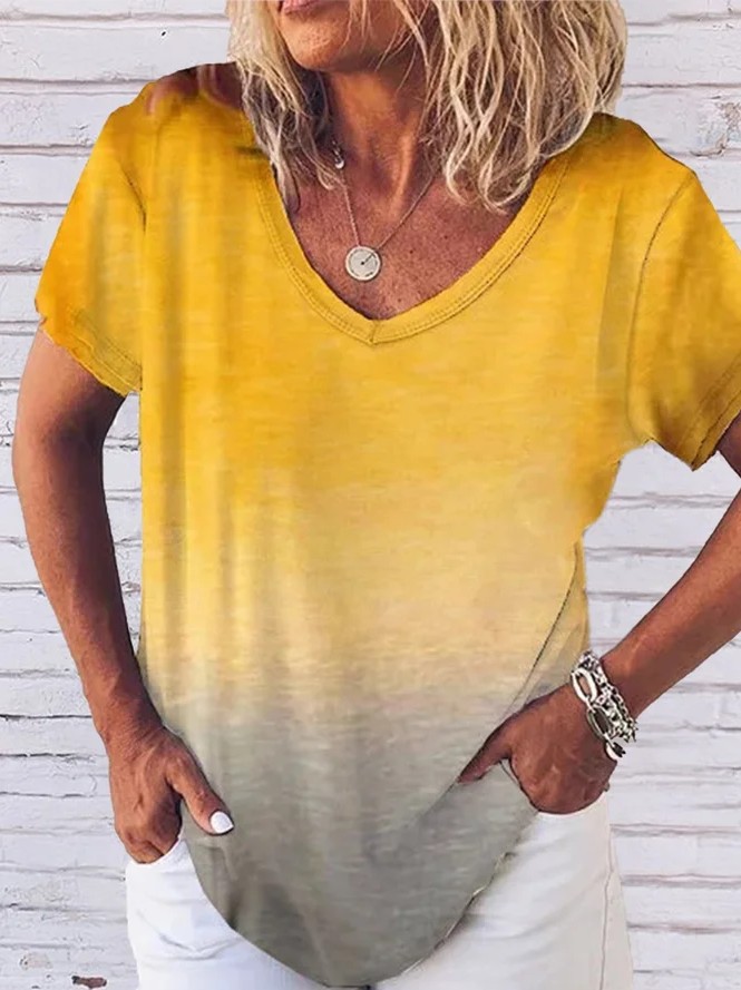 Raw Edge Short Sleeve V-Neck Gradient Print T-Shirt