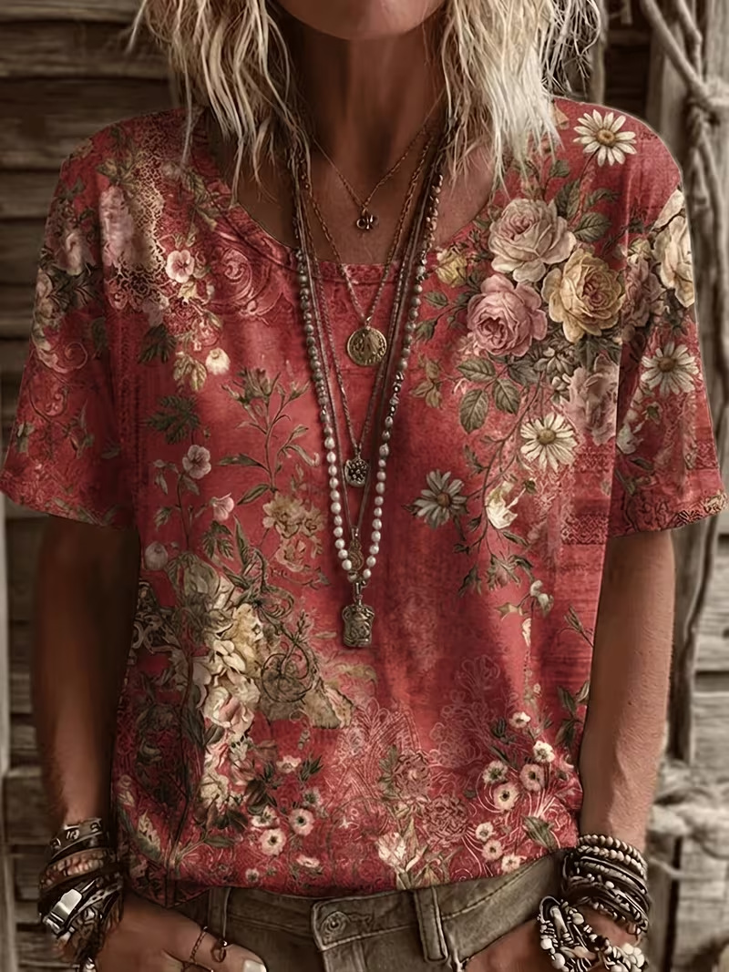 Retro Floral Print Short Sleeve T-Shirt