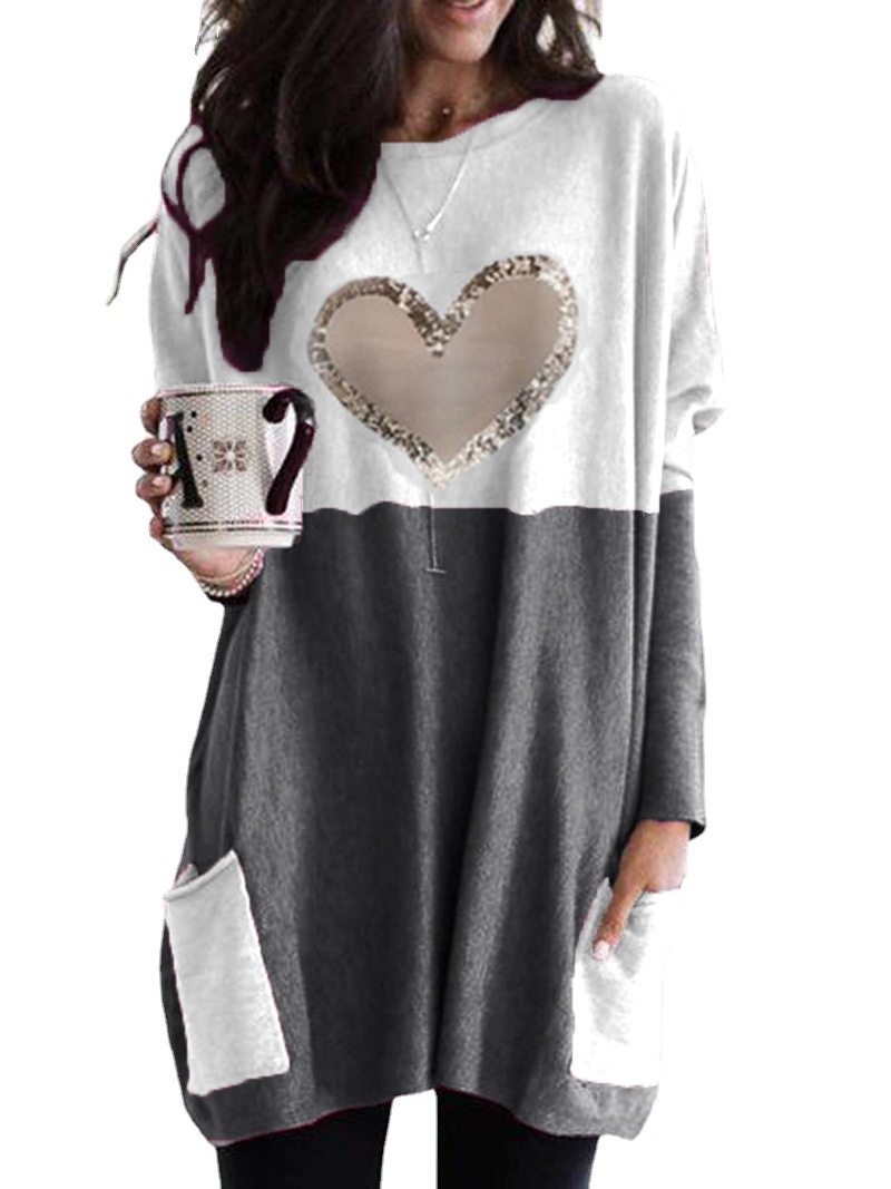 Heart Print Colorblock Long Sleeve Crewneck Loose T-Shirt for Women