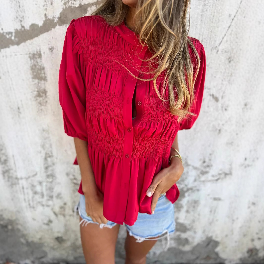 Women's Solid Crewneck Button-Down Smocked Short-Sleeve Blouse