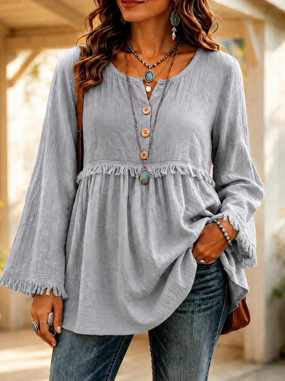 Women's Loose Fit Button Fringe Long Sleeve T-Shirt Solid Color Casual Top