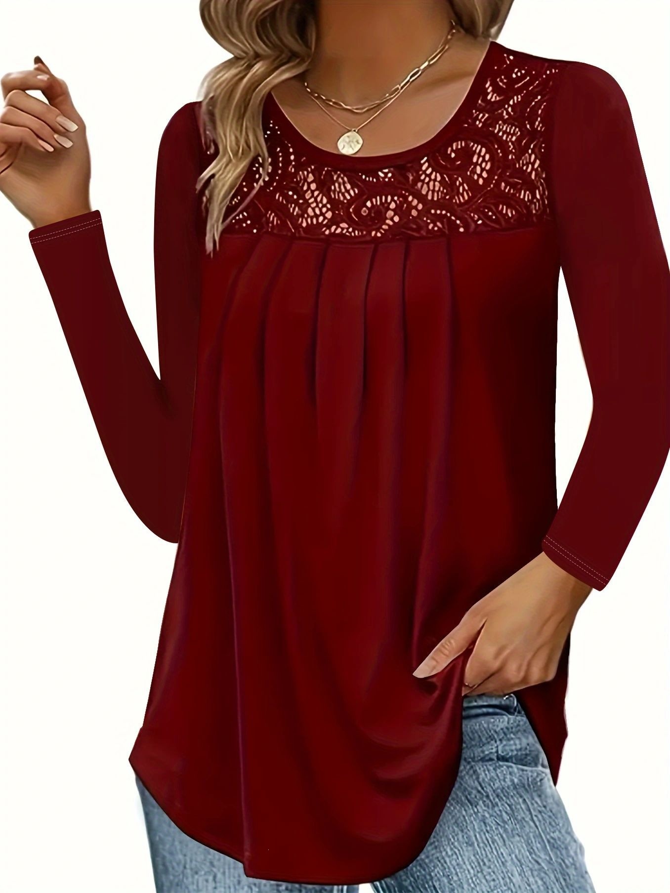 Women's Lace Neckline Print Long Sleeve Solid T-Shirt