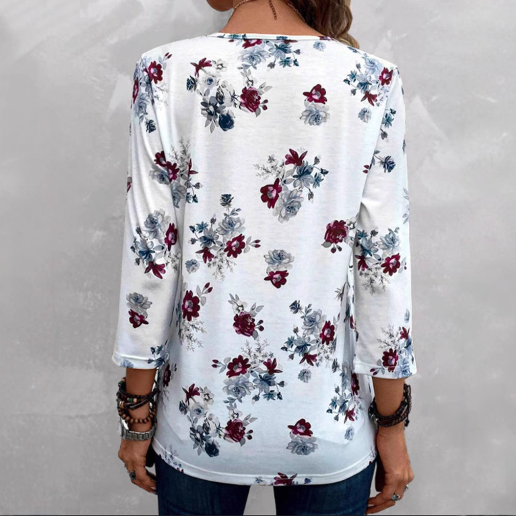 Women's V-Neck Floral Print Top Casual Pullover