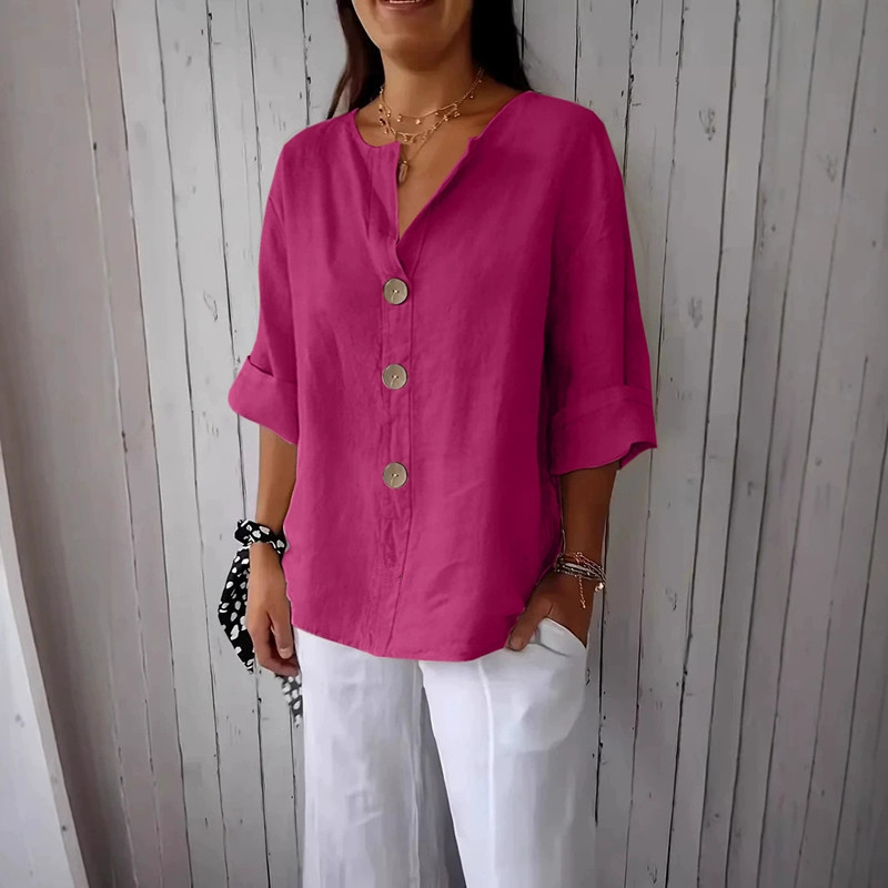 Women's Loose V-Neck Button Cotton-Blend T-Shirt