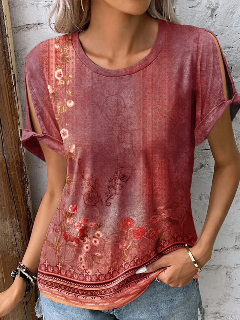 Women's Ethnic Floral Print Short Sleeve T-Shirt Casual Comfortable