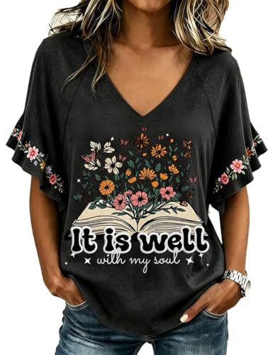 Floral Book Print V-Neck Short Sleeve Women's T-Shirt
