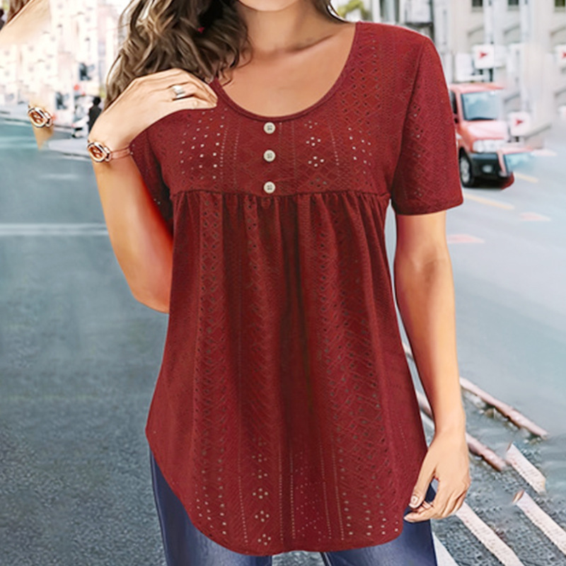Women's Round Neck Short Sleeve Pleated Front Loose Solid Color T-Shirt