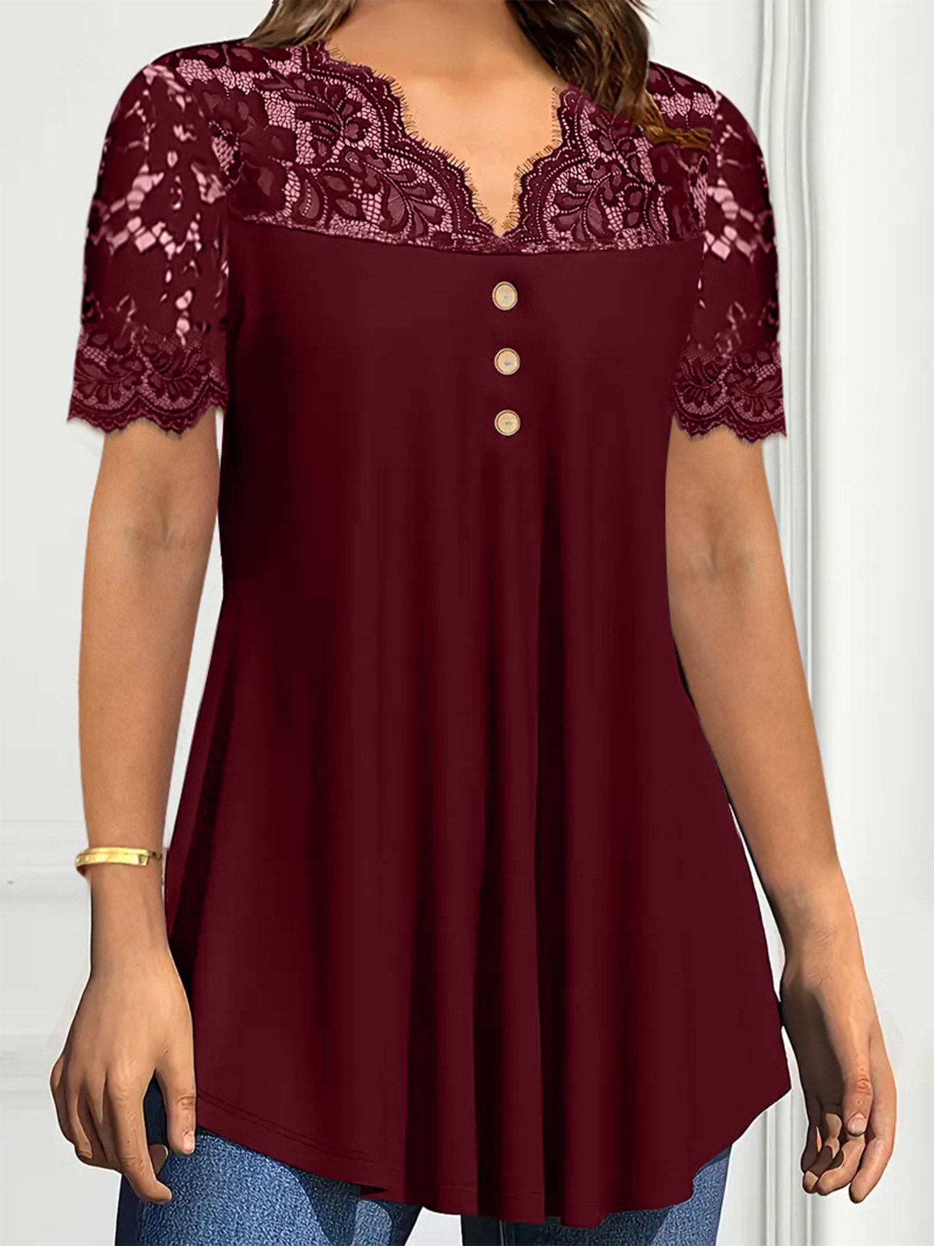 Women's Solid Lace Short Sleeve V-Neck Casual Blouse