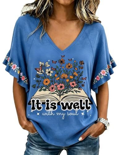 Floral Book Print V-Neck Short Sleeve Women's T-Shirt