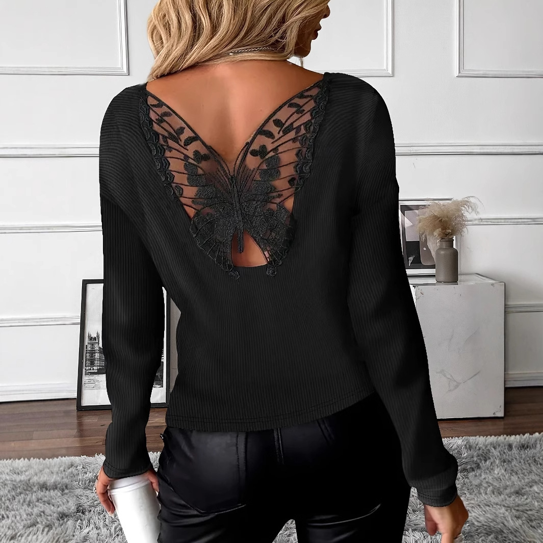 Ribbed Knit Sheer Long-Sleeve Crewneck Top