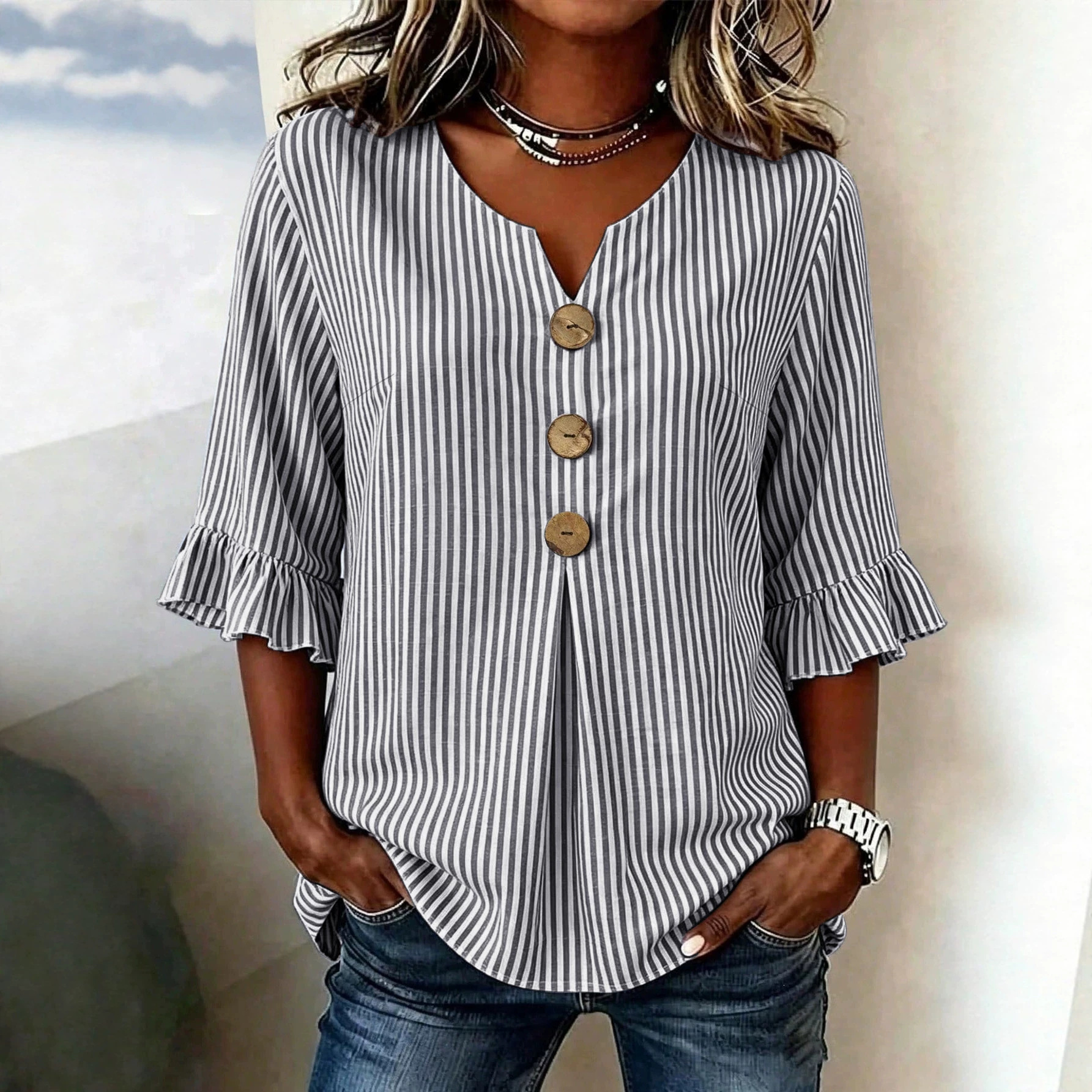Women's V-Neck Striped Button Ruffle Half-Sleeve Blouse