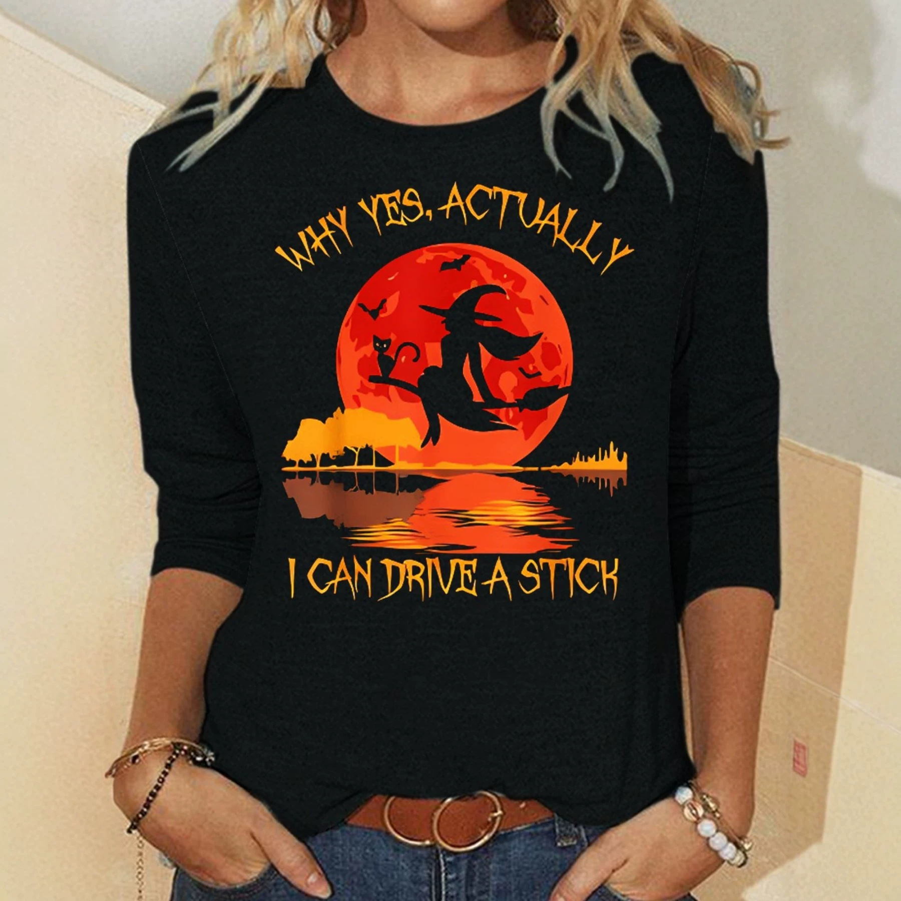 Halloween Witch Letter Print Crewneck Mid-Sleeve Top
