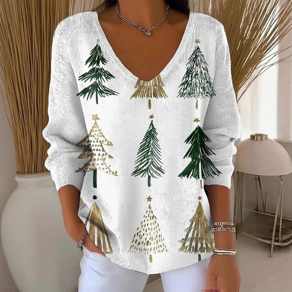 Halloween Plant & Tree Print V-Neck Long-Sleeve T-Shirt for Women
